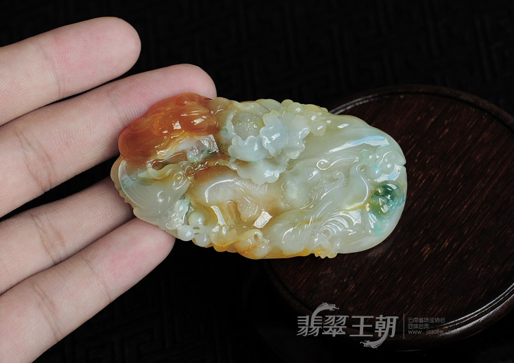 糯冰种黄翡飘花缅甸翡翠富贵花开挂件