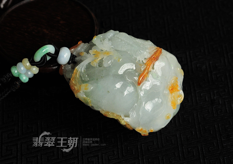 冰种红黄翡飘花缅甸翡翠一路连科手玩件
