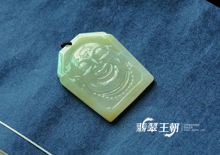 糯冰种淡黄翡缅甸翡翠弥勒佛头挂件