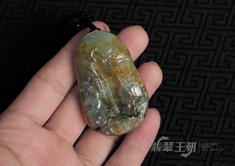 冰种黄翡飘花缅甸翡翠“望庐山瀑布”挂件