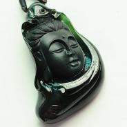 冰玻种墨翠缅甸翡翠观音头挂件