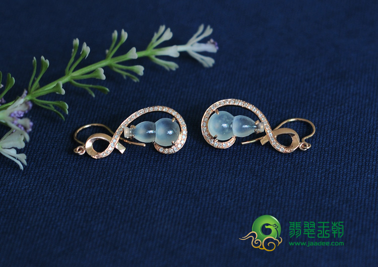 玻璃种缅甸翡翠镶玫瑰金葫芦耳坠（真钻）