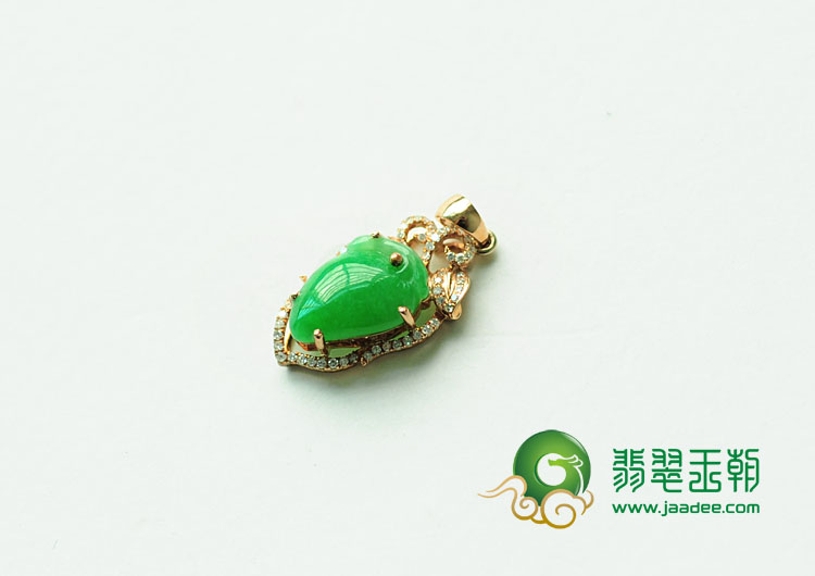 糯冰种阳绿缅甸翡翠镶玫瑰金寿桃挂件(真钻)