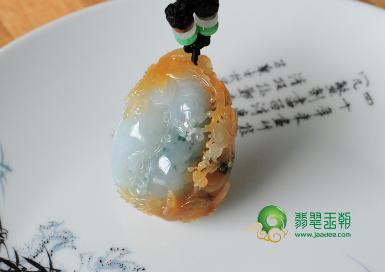 糯冰种黄翡飘花缅甸翡翠双喜临门挂件