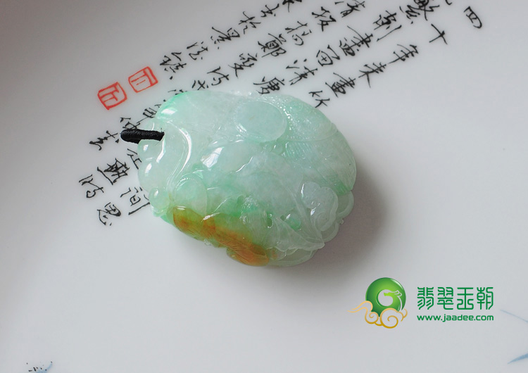 糯冰种黄加绿缅甸翡翠高升双喜挂件