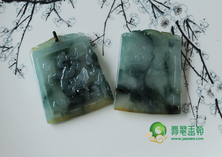 冰种飘花黄翡缅甸翡翠龙牌挂件（一对）