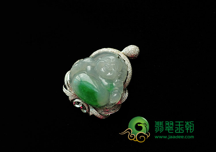 冰种阳绿缅甸翡翠包白金玉佛挂件（真钻）