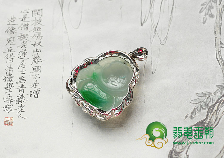 冰种阳绿缅甸翡翠包白金玉佛挂件（真钻）