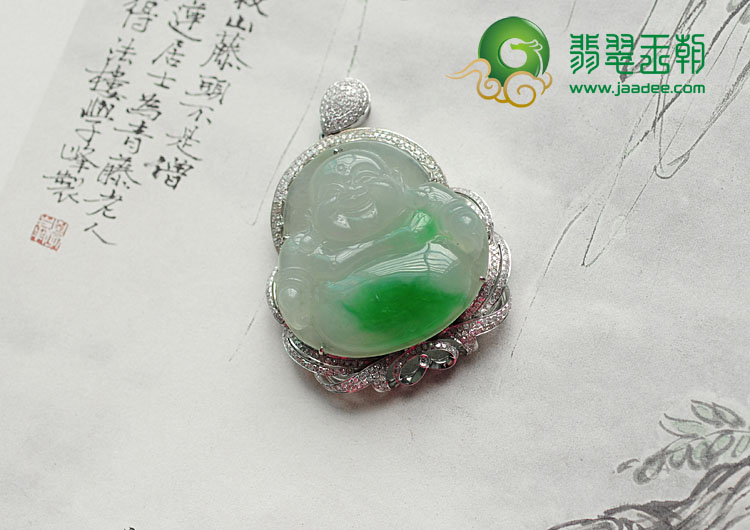 冰种阳绿缅甸翡翠包白金玉佛挂件（真钻）