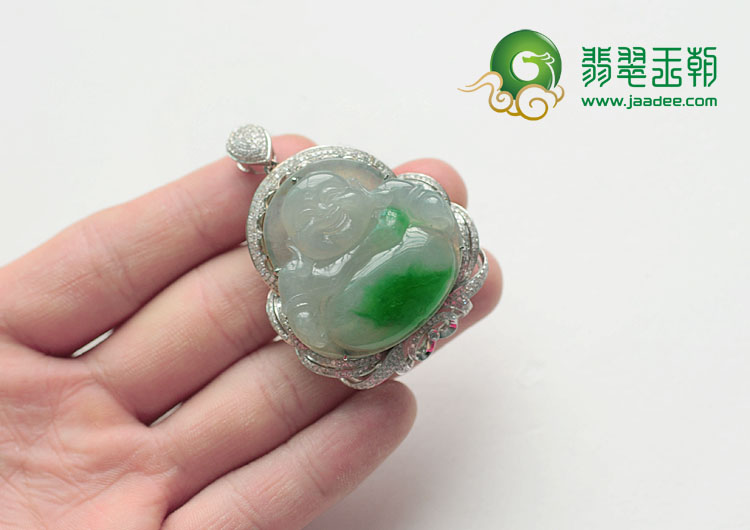 冰种阳绿缅甸翡翠包白金玉佛挂件（真钻）