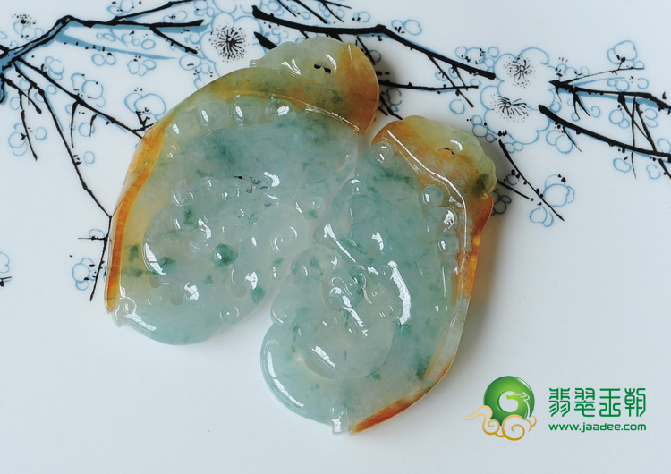 冰种黄翡飘花缅甸翡翠龙凤对牌挂件