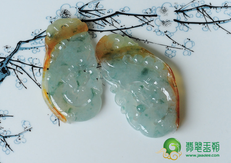 冰种黄翡飘花缅甸翡翠龙凤对牌挂件