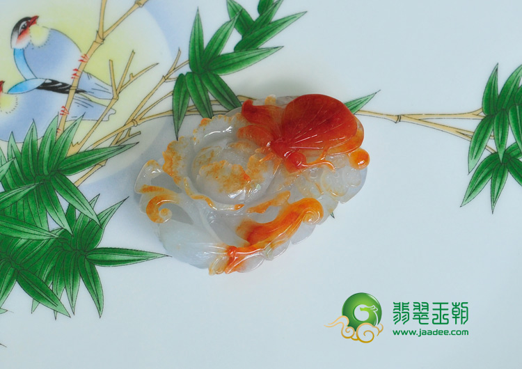 糯冰种红翡缅甸翡翠富贵花开挂件