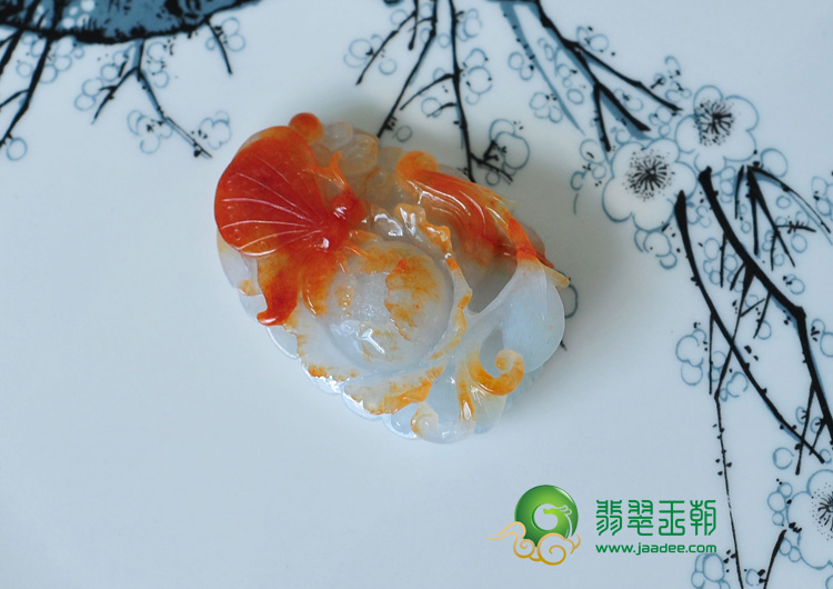 糯冰种红翡缅甸翡翠富贵花开挂件