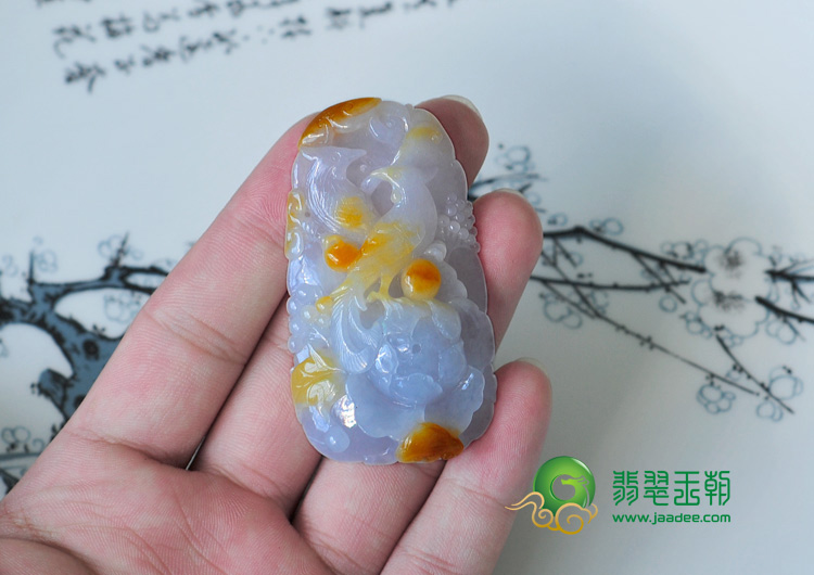 糯冰种紫罗兰黄翡缅甸翡翠双喜临门挂件