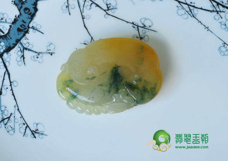 冰种黄翡飘花缅甸翡翠欢天喜地挂件
