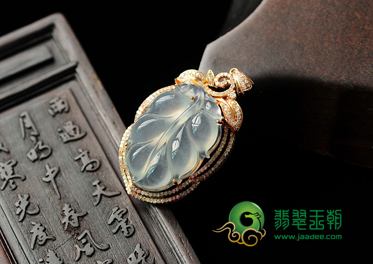 冰玻种缅甸翡翠包玫瑰金金枝玉叶挂件（真钻）