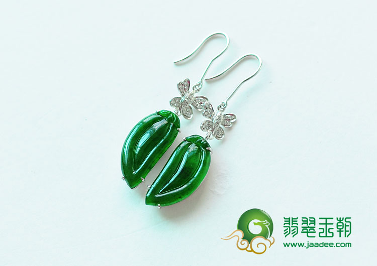 冰种浓绿缅甸翡翠镶白金“魅影”耳坠（真钻）