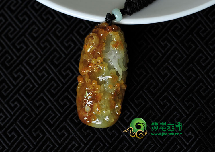 糯冰种红黄翡缅甸翡翠富贵花开挂件