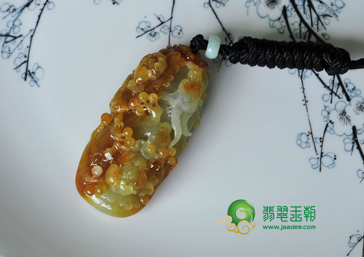 糯冰种红黄翡缅甸翡翠富贵花开挂件