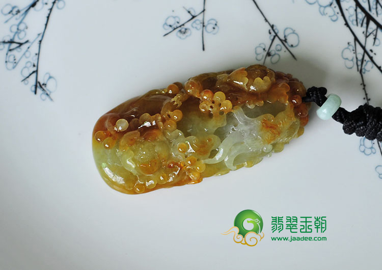 糯冰种红黄翡缅甸翡翠富贵花开挂件