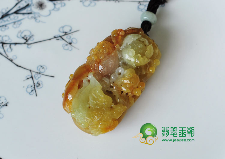糯冰种红黄翡缅甸翡翠富贵花开挂件