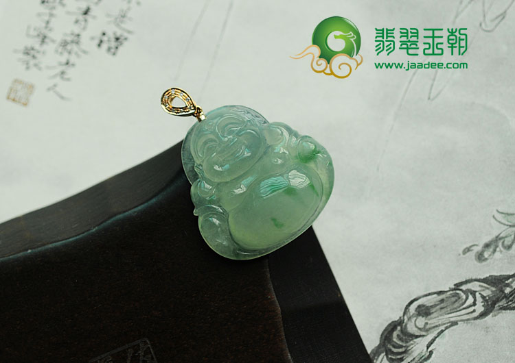 冰种飘花缅甸翡翠镶玫瑰金扣玉佛挂件