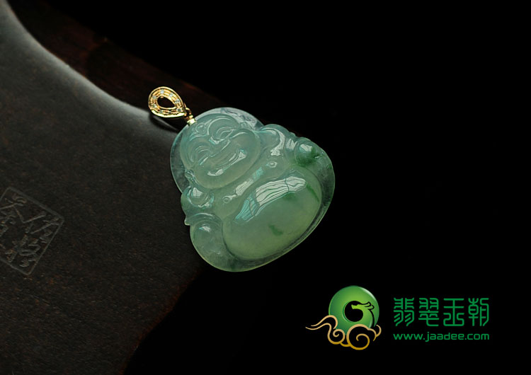 冰种飘花缅甸翡翠镶玫瑰金扣玉佛挂件