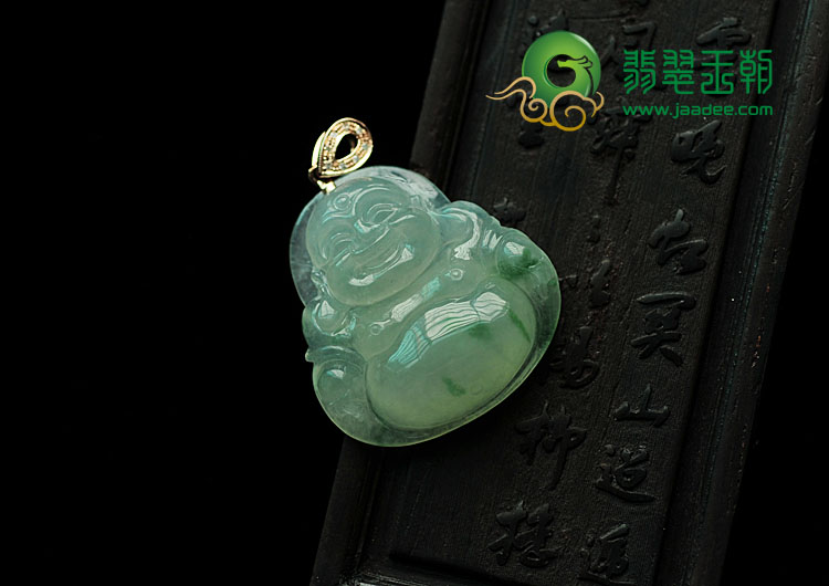 冰种飘花缅甸翡翠镶玫瑰金扣玉佛挂件