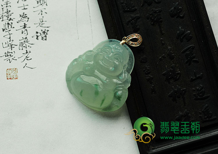 冰种飘花缅甸翡翠镶玫瑰金扣玉佛挂件