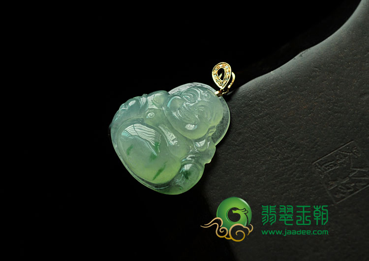 冰种飘花缅甸翡翠镶玫瑰金扣玉佛挂件