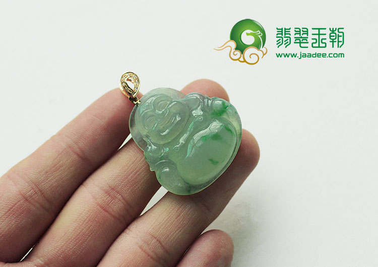 冰种飘花缅甸翡翠镶玫瑰金扣玉佛挂件