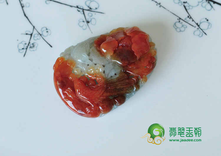 糯冰种红翡缅甸翡翠富贵双喜挂件
