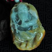 糯冰种黄翡缅甸翡翠太公钓鱼手玩件