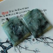 冰种飘花黄翡缅甸翡翠龙牌挂件（一对）