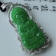 细糯种阳绿满绿缅甸翡翠镶白金观音挂件（真钻）