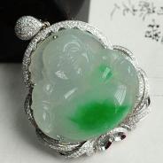 冰种阳绿缅甸翡翠包白金玉佛挂件（真钻）