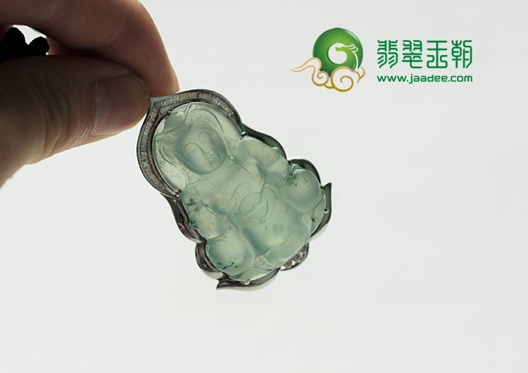 冰玻种晴水略飘花缅甸翡翠包白金观音挂件（真钻）