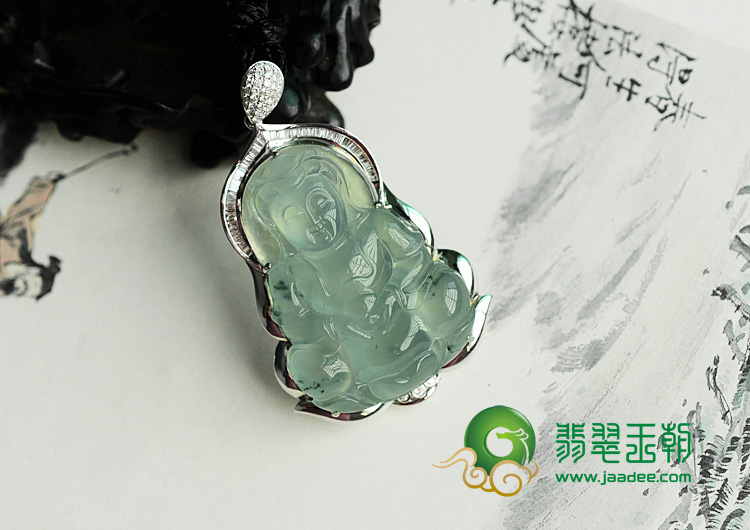 冰玻种晴水略飘花缅甸翡翠包白金观音挂件（真钻）