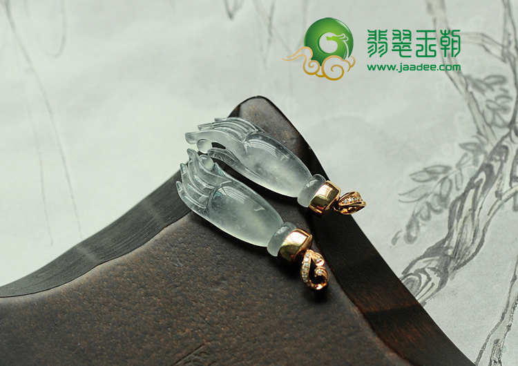 玻璃种缅甸翡翠包玫瑰金扣招财手挂件（一对）