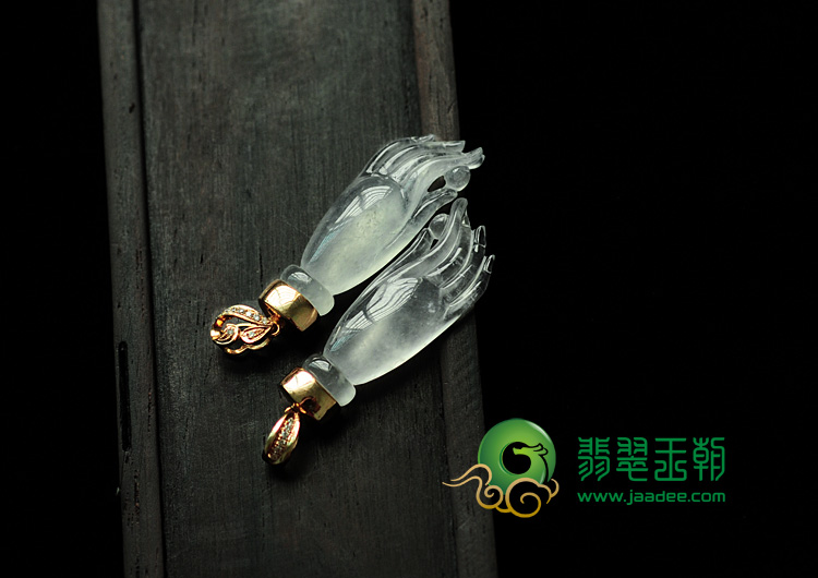 玻璃种缅甸翡翠包玫瑰金扣招财手挂件（一对）