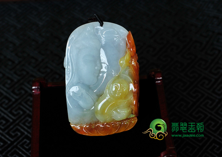 糯冰种红黄翡紫罗兰缅甸翡翠母子情深挂件