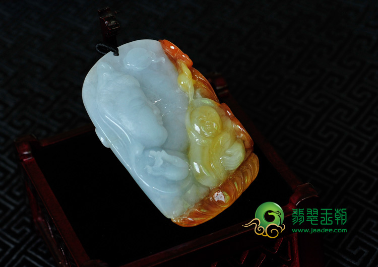 糯冰种红黄翡紫罗兰缅甸翡翠母子情深挂件