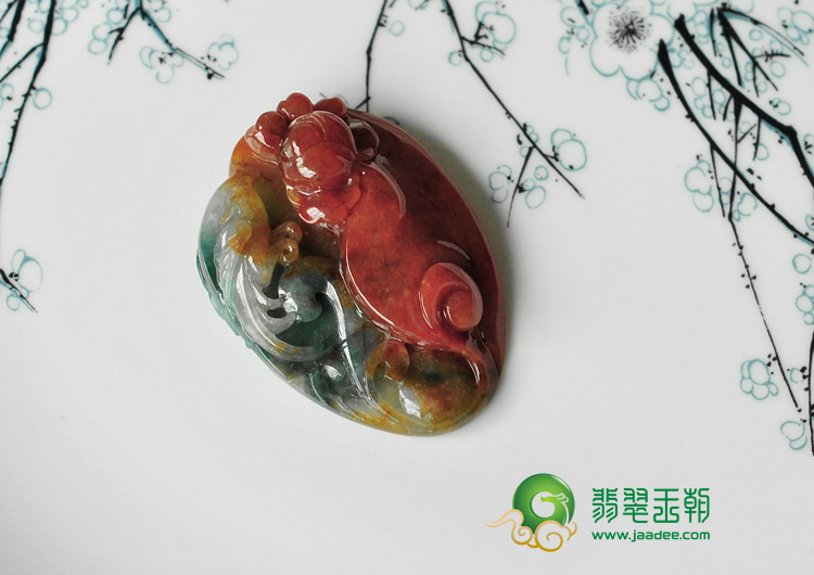 糯冰种红翡飘花缅甸翡翠富贵花开挂件