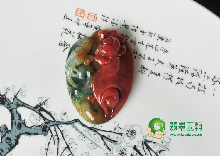 糯冰种红翡飘花缅甸翡翠富贵花开挂件