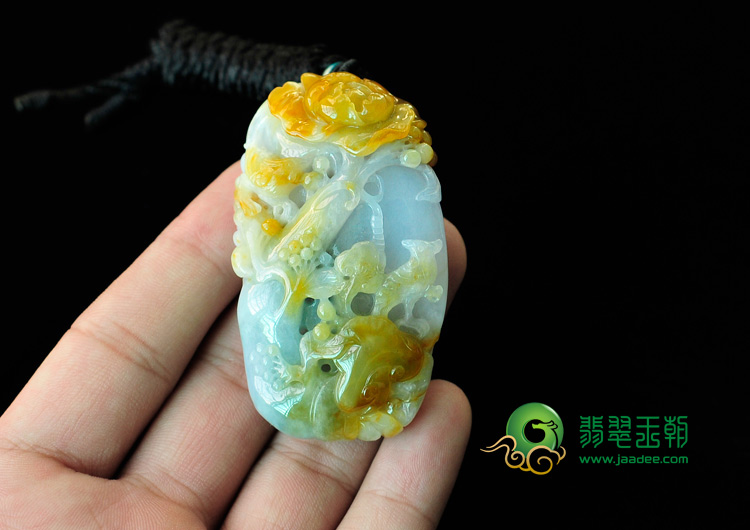 糯冰种黄翡缅甸翡翠花开富贵挂件