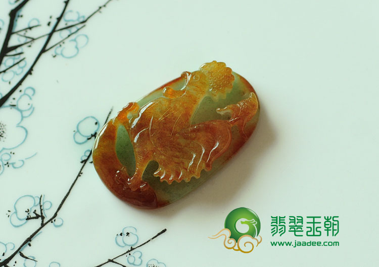 糯冰种红黄翡缅甸翡翠闻鸡起舞挂件