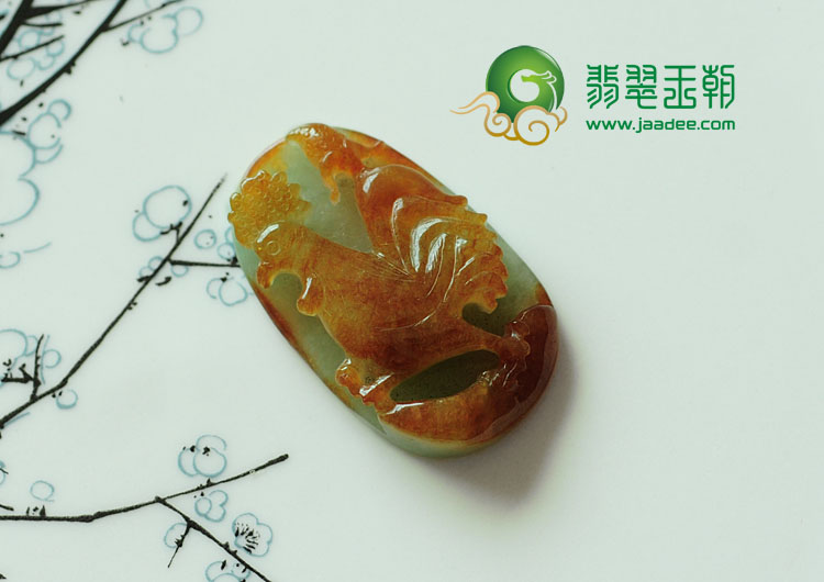 糯冰种红黄翡缅甸翡翠闻鸡起舞挂件