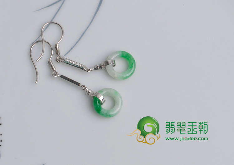 糯冰种飘翠缅甸翡翠纯银玉环耳坠