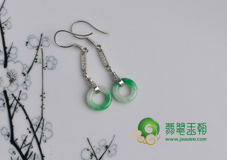 糯冰种飘翠缅甸翡翠纯银玉环耳坠